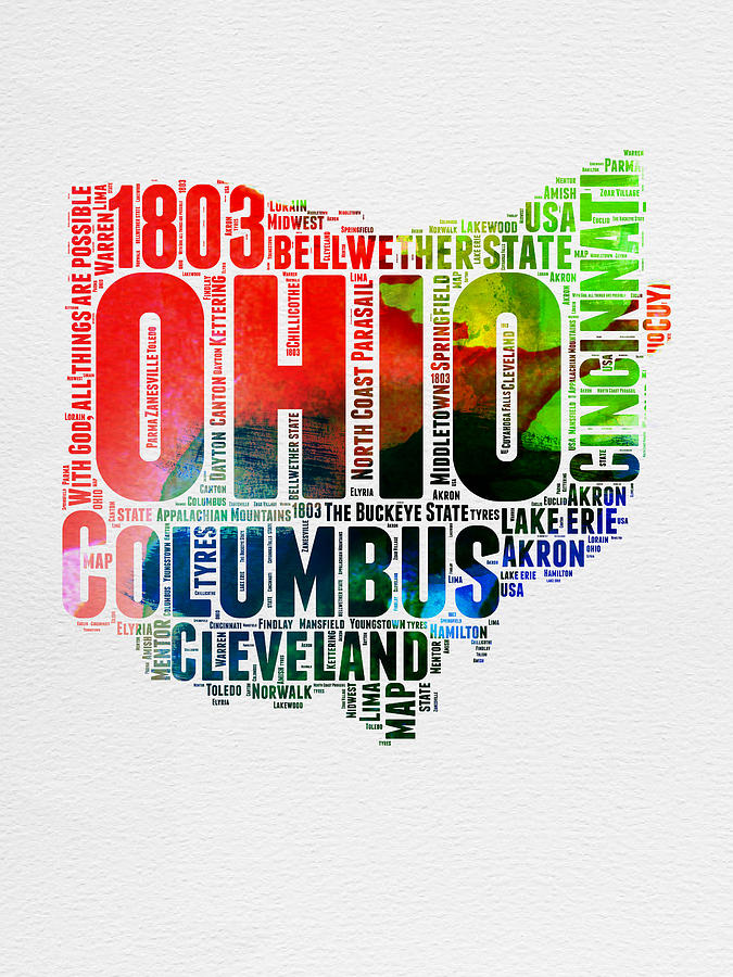 Ohio Map Digital Art - Ohio Watercolor Word Cloud Map  by Naxart Studio
