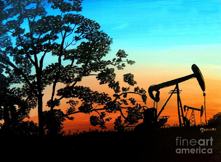 Oil Field Sunset Painting by Penny Medders