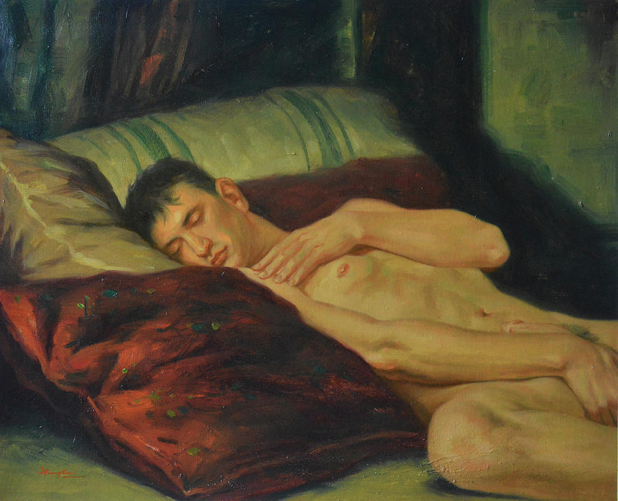 Oil Painting  Male Nude Sleeping On Bed On Linenr#16-7-16 Painting by Hongtao Huang