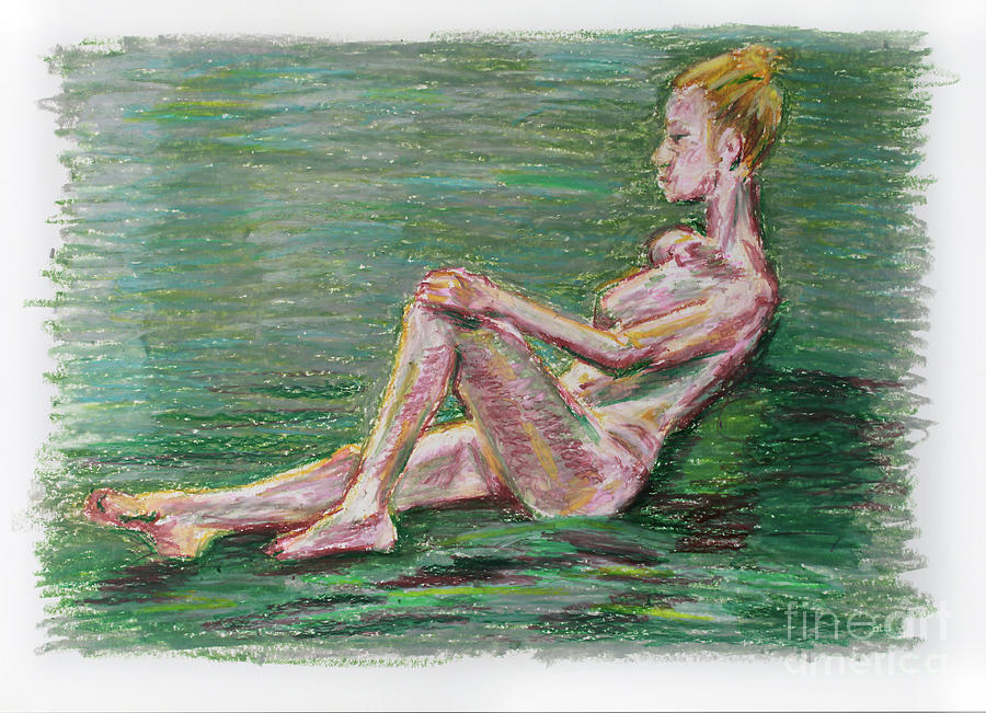 Oil Pastel Drawing of reclined nude female over green background Drawing by Adam Long