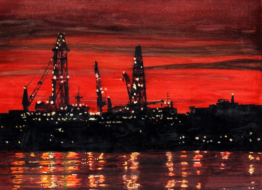 Oil Rigs Night Construction Portland Harbor Painting by Dominic White