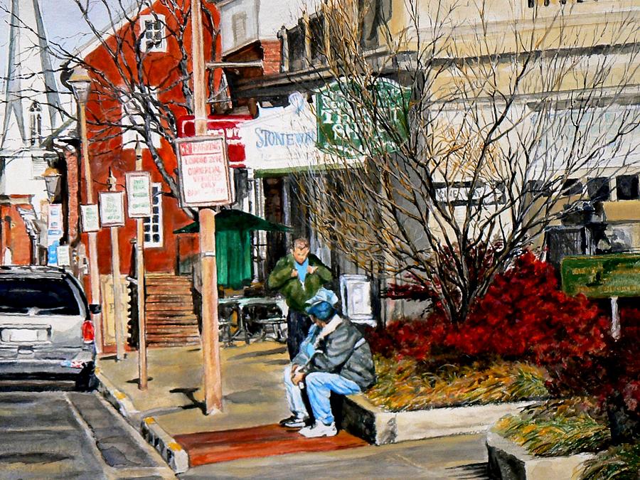 City Scene Painting - Oil Stains and Red Nandina by Thomas Akers