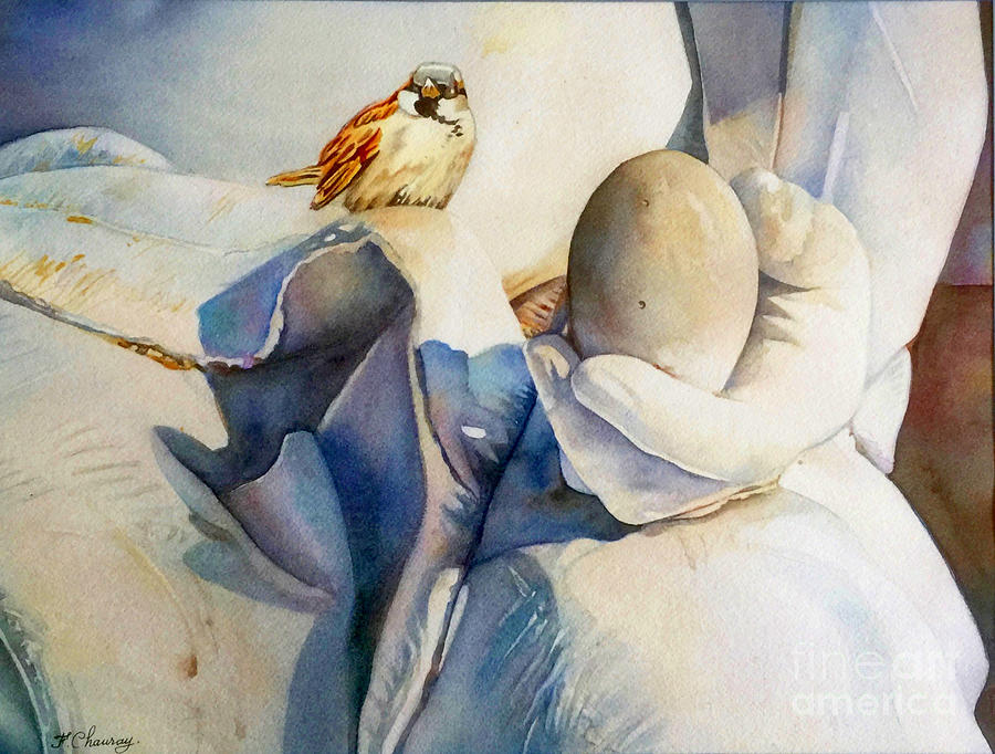 Oiseau Oeuf et Statue Painting by Francoise Chauray