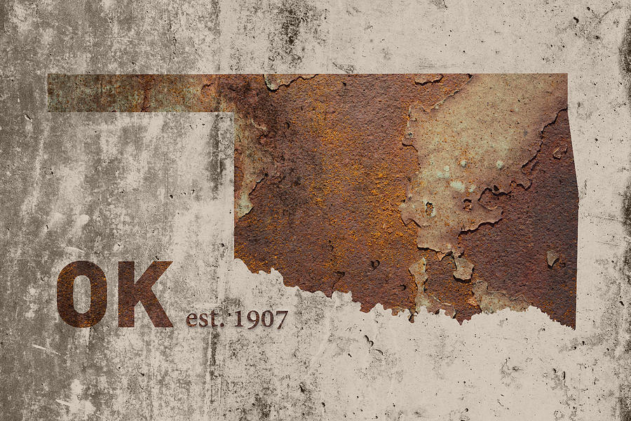 Oklahoma Map Mixed Media - Oklahoma State Map Industrial Rusted Metal on Cement Wall with Founding Date Series 003 by Design Turnpike