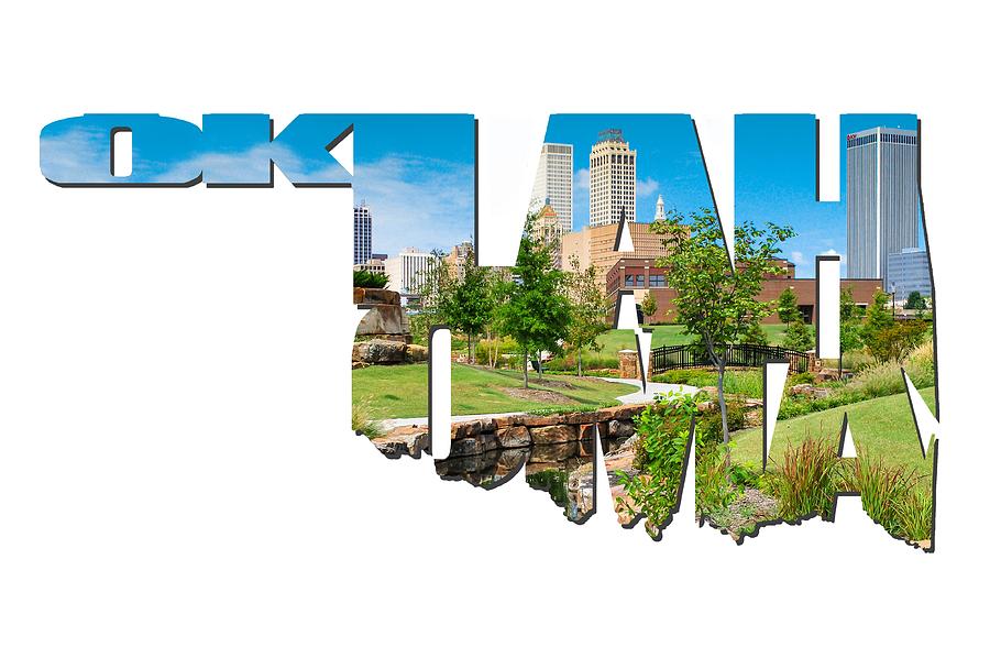 Oklahoma Typographic Letters - Tulsa Oklahoma Skyline View From Central Centennial Park Photograph by Gregory Ballos