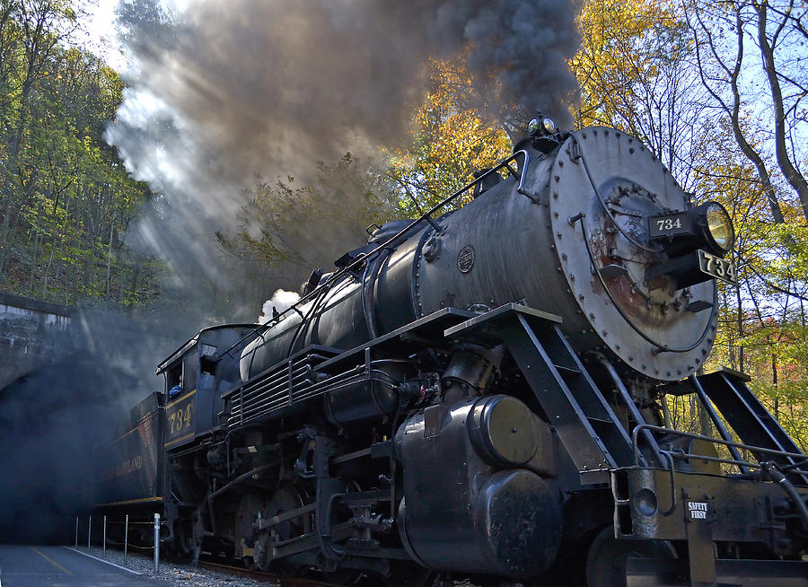 Old 734 Locomotive Train on The Western Maryland Scenic Railroad Photograph by Brendan Reals