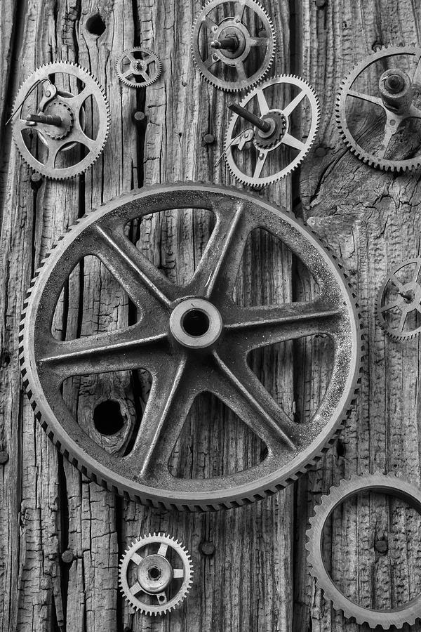 Black And White Photograph - Old Assorted Gears by Garry Gay