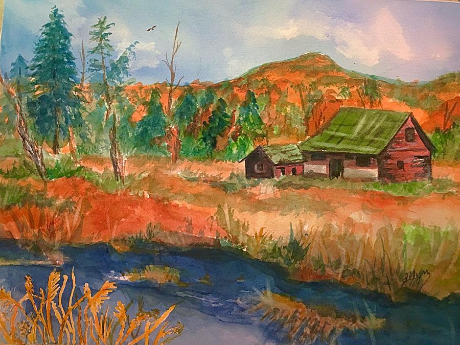 Old Barn and Catskill Mountains Painting by Ellen Levinson