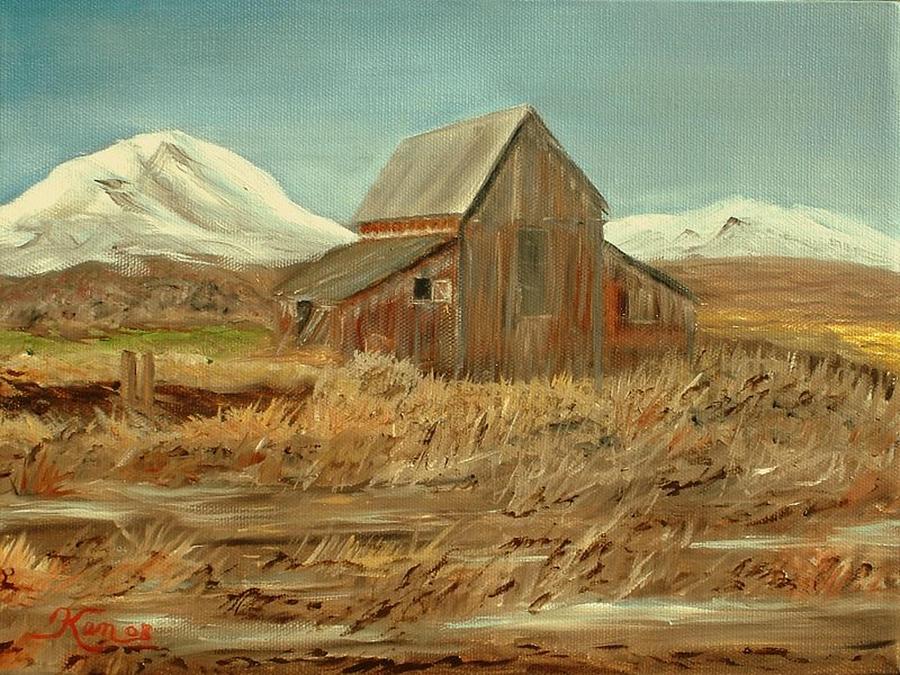 Old Barn and Mountain View Painting by Kenneth LePoidevin