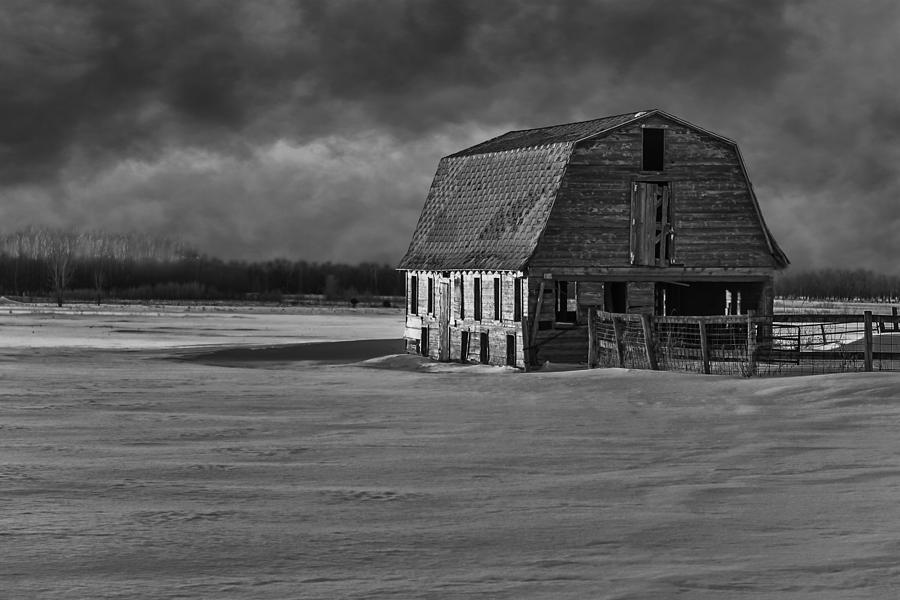 Winter Photograph - Old Barn At Sunset Black and White 2014-1 by Thomas Young