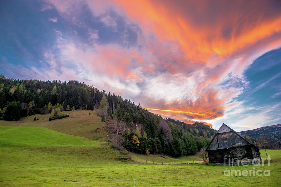 Old Barn At Sunset With Red Clouds Photograph by Andreas Berthold