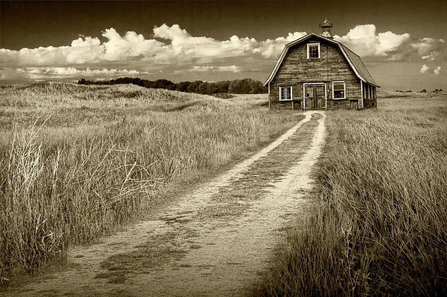 Old Barn in Sepia Tone on a Farm under Cloudy Skies Photograph by Randall Nyhof