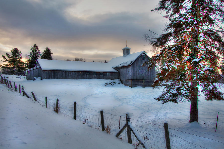 Old Barn in Snow at Sunrise Photograph by Joann Vitali