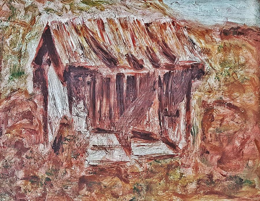 Old Barn outhouse falling apart in decay and dilapidation rotting wood overgrown mountain valley sce Painting by MendyZ