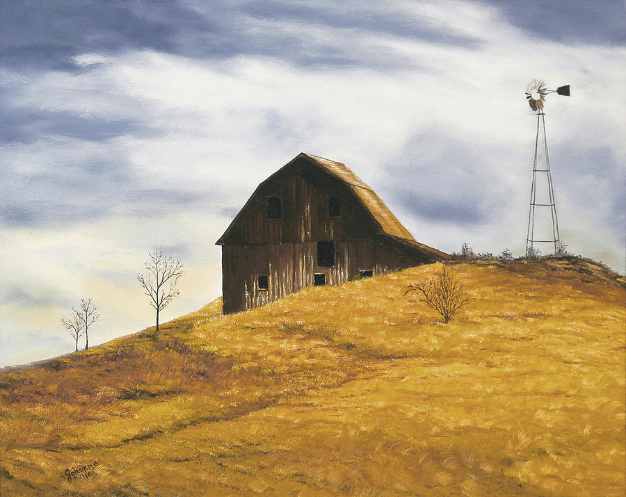 Old Barn with Windmill Painting by Johanna Lerwick