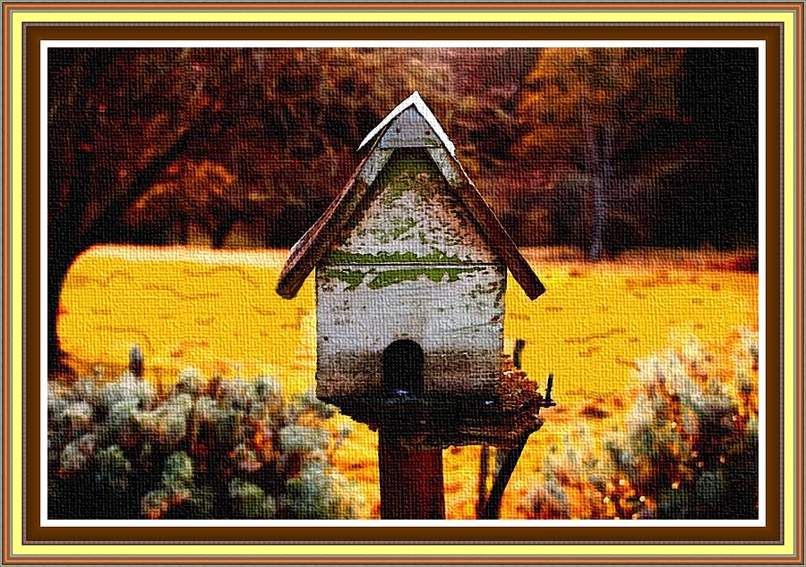 Old Bird Feeder H B With Decorative Ornate Printed Frame. Painting