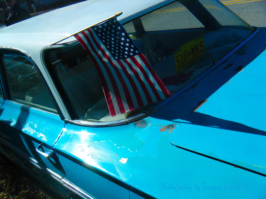 Car Photograph - Old Blue With Old Glory by Tamara Kulish