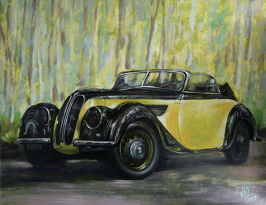 Old BMW yellow car painted on leather, vintage 1938 Painting by Vali Irina Ciobanu