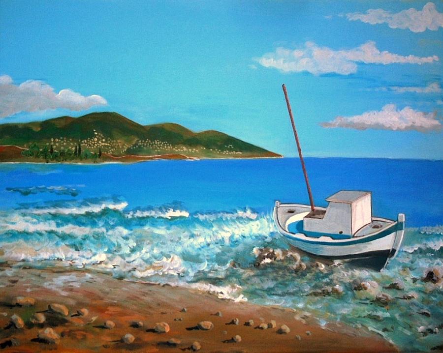 Boat Painting - Old boat at the Beah by Kostas Koutsoukanidis