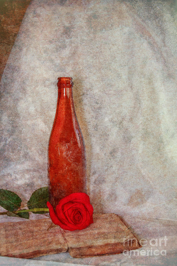 Old Book Bottle And Rose Still Life Digital Art