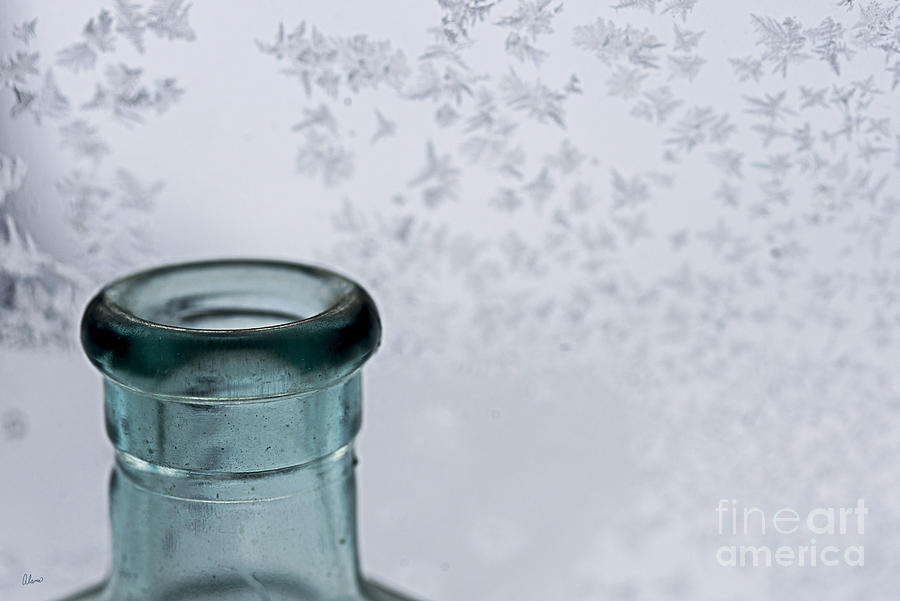 Nature Photograph - Old Bottle and Window Frost by Alana Ranney