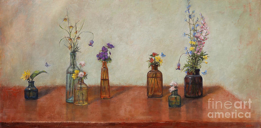 Still Life Painting - Old Bottles and Wildflowers by Lori  McNee