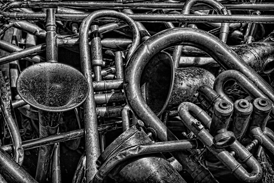 Old Brass Musical Instruments Bw Photograph