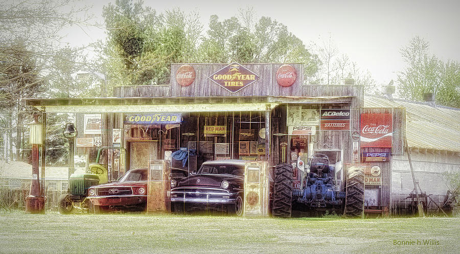 Old building with old Vehicles Digital Art by Bonnie Willis