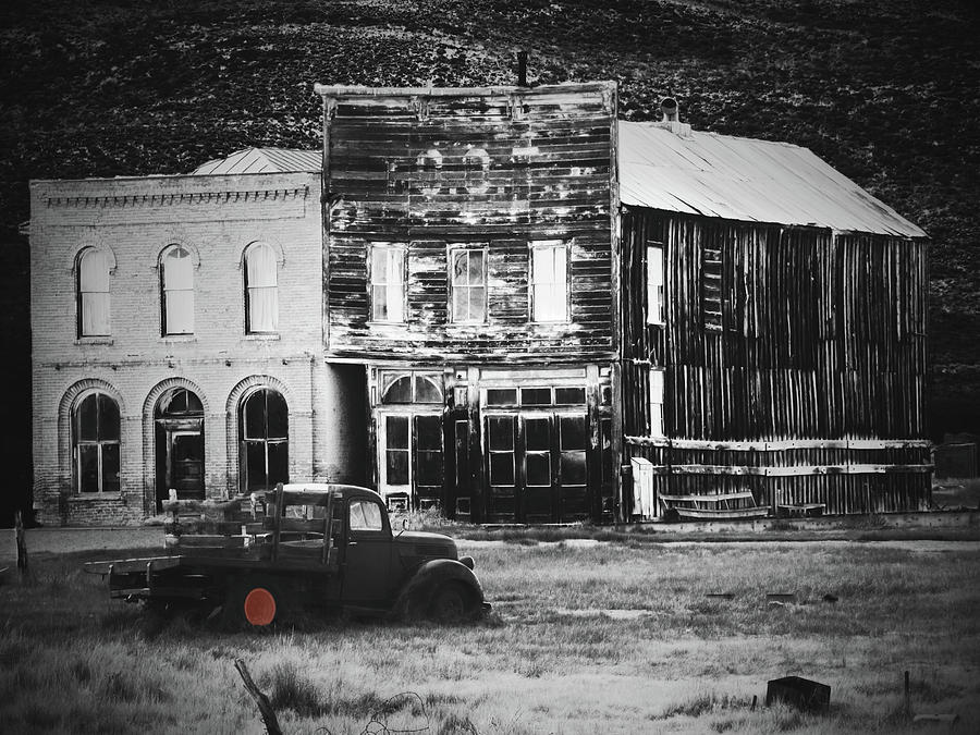 Old Buildings with Truck Black and White Photograph by Alan Socolik