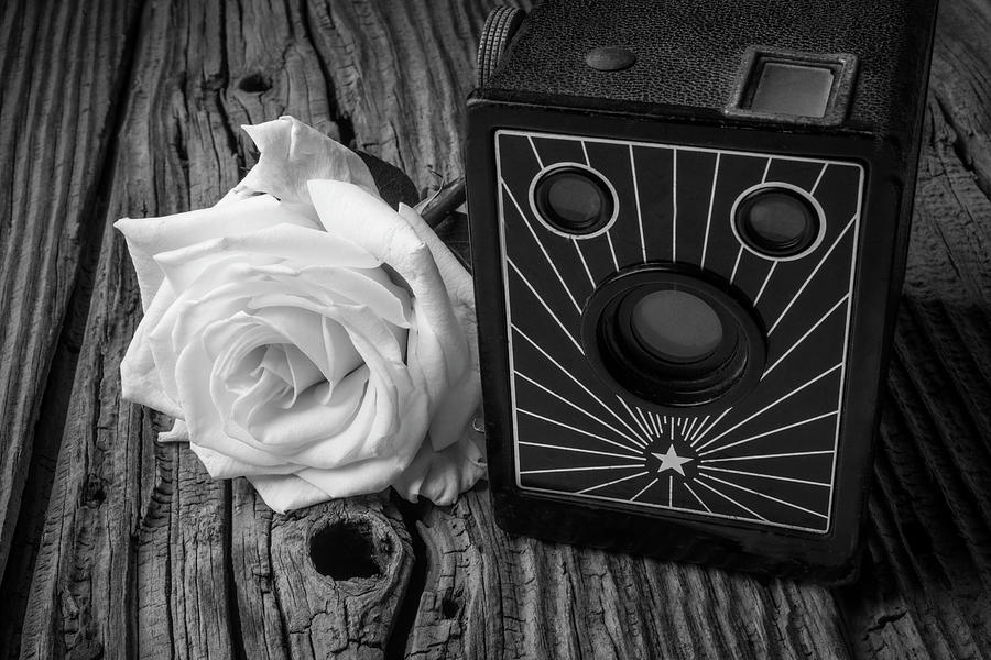 Camera Photograph - Old Camera And White Rose by Garry Gay