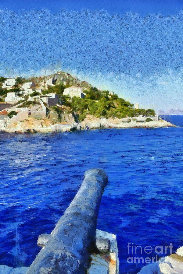 Old cannon in Hydra island Painting by George Atsametakis