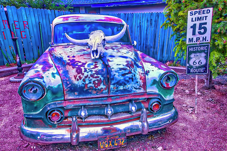 Old Car With Steer Skull Photograph by Garry Gay