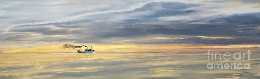 Maritime Digital Art - Old Cargo Ship Steaming on the Horizon by Jan Brons