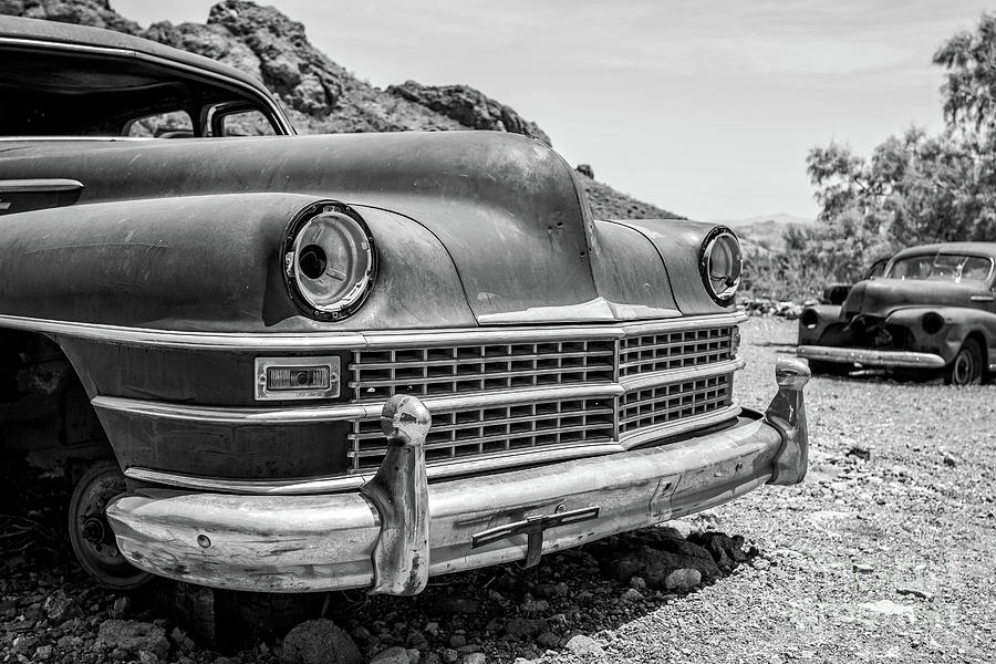 Old Cars in the Desert, Eldorado Canyon, Nevada BW Photograph by Edward Fielding