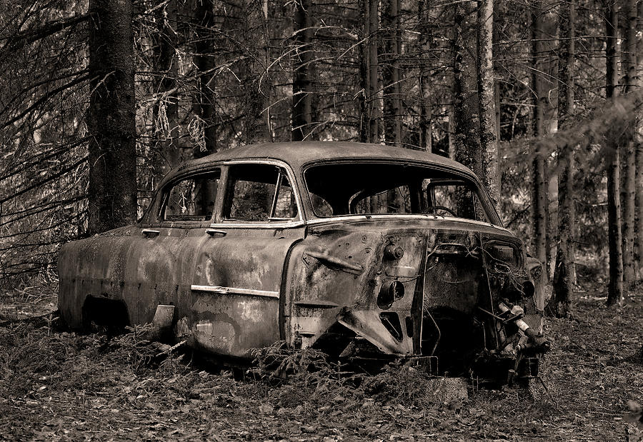 Old Chevrolet in the forest-Black and white Photograph by Anders Kustas
