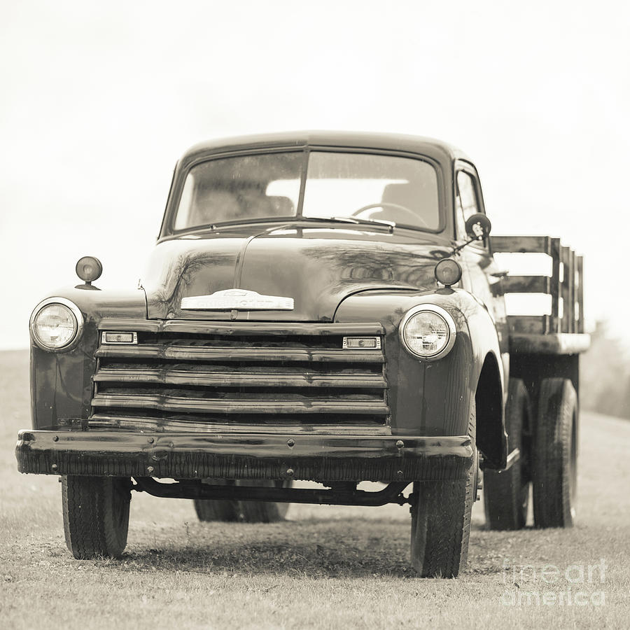 Vintage Photograph - Old Chevy Farm Truck Black and White Square by Edward Fielding