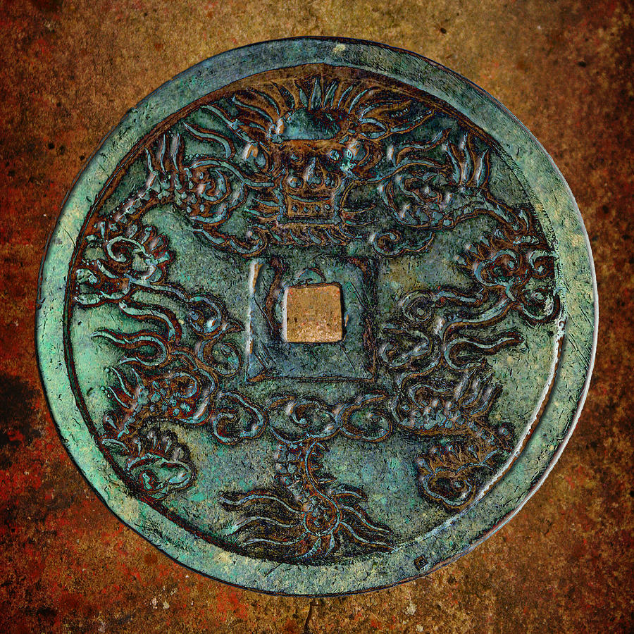 Old Chinese Coin Front Side on Stone Background Digital Art by Fred Bertheas