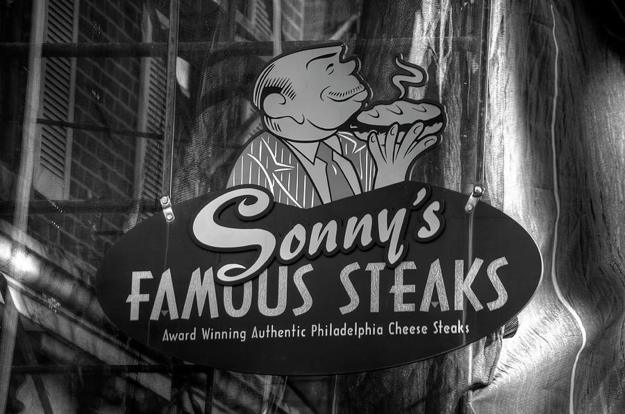 Old City Philadelphia Skyline - Sonnys Famous Steaks No. 2-BW - Market Street Photograph by Michael Mazaika