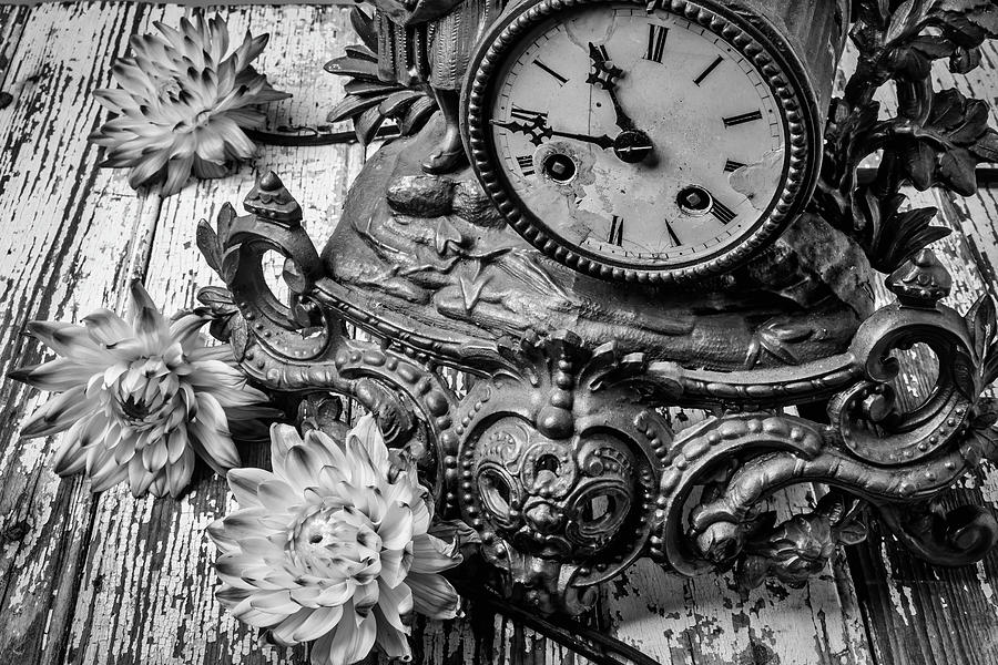 Old Clock And Dahlias Photograph by Garry Gay