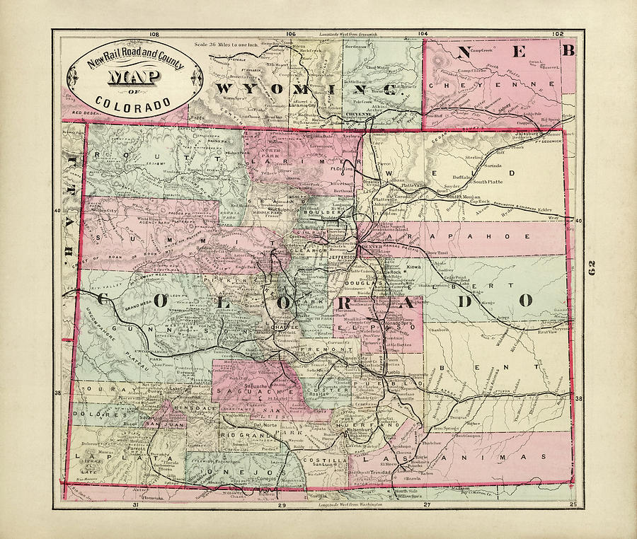 Old Colorado Map by George Franklin Cram - 1882 Drawing by Blue Monocle