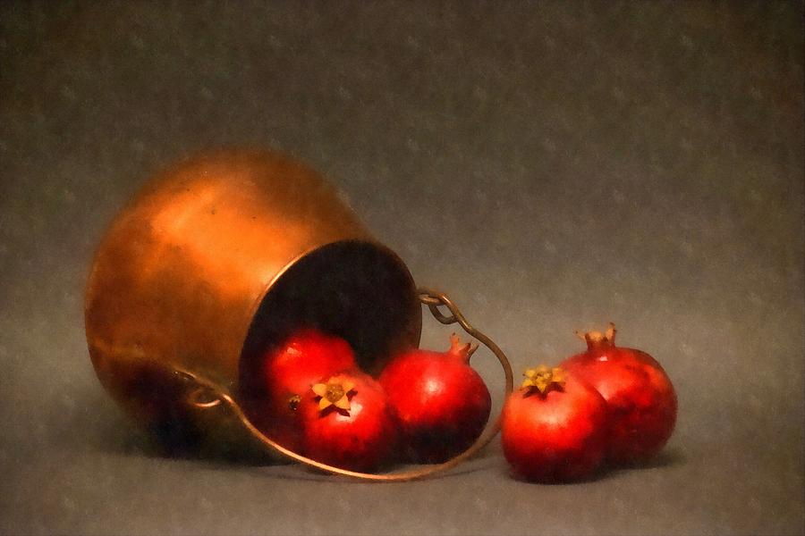 Old Copper Pot with Pomegranates Photograph by Frank Wilson