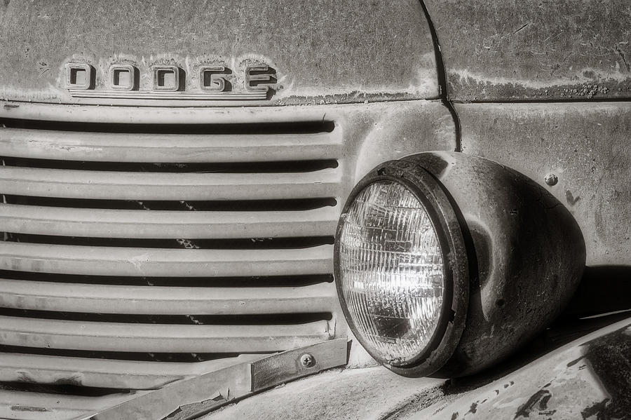 Old Dodge Truck Headlight and Grill Grunge bw Photograph by Jerry Fornarotto