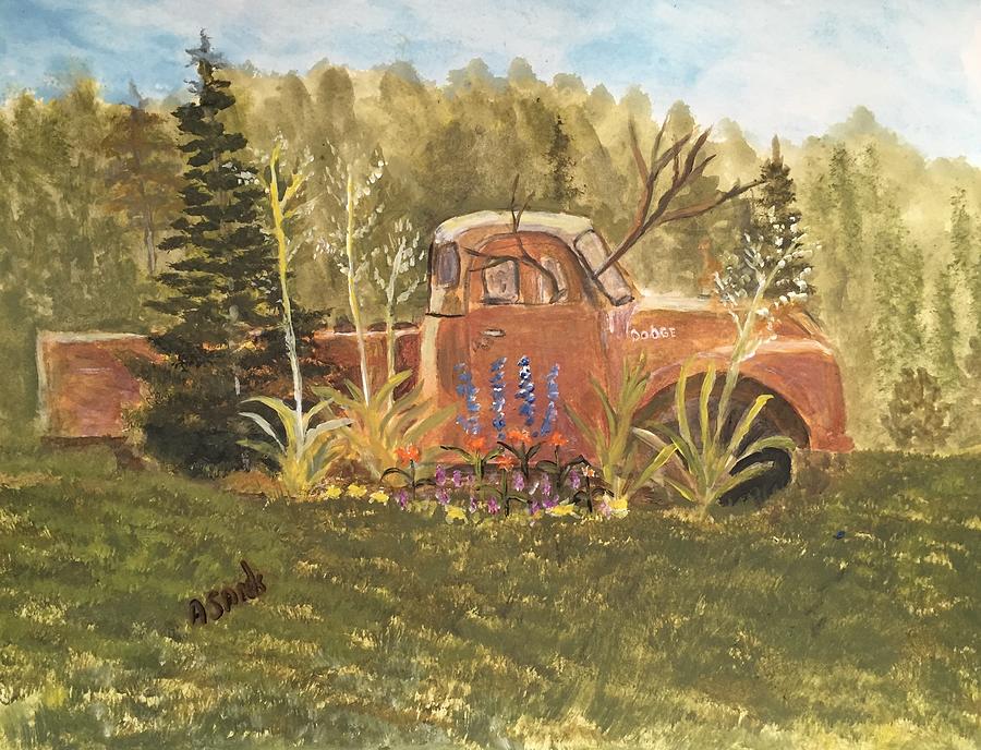Old dodge truck in garden Painting by Anne Sands