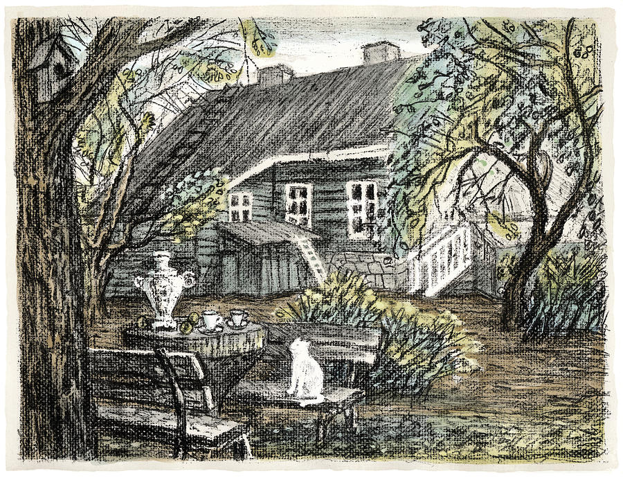 Tree Painting - Old Europe in Stone Lithography. Young Green Leaves on Garden Trees, Samovar, White Cat on Bench by Elena Abdulaeva