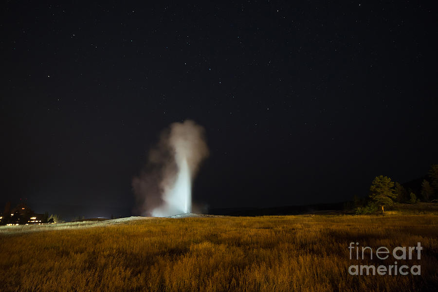 Old Faithful Erupting At Night  Photograph by Michael Ver Sprill