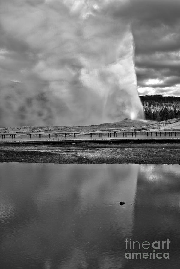 Yellowstone National Park Photograph - Old Faithful Ghosts Black And White by Adam Jewell