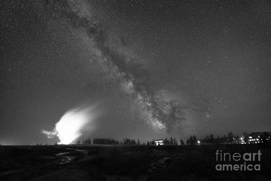 Yellowstone National Park Photograph - Old Faithful Milky Way Eruption BW by Michael Ver Sprill