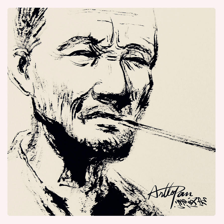 Old Farmer smoked in a long stemmed Chinese pipe-ArtToPan painting-Chinese ink sketch-2 Drawing by Artto Pan