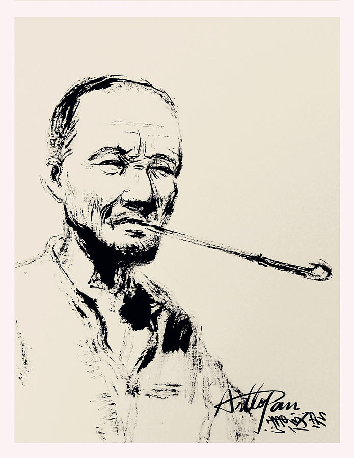 Old Farmer smoked in a long stemmed Chinese pipe-ArtToPan painting-Chinese ink sketch Drawing by Artto Pan