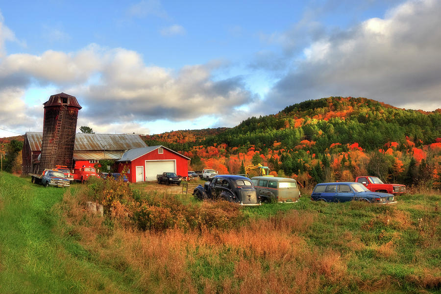 Old Farmhouse, Silo and Old Cars in Autumn Photograph by Joann Vitali